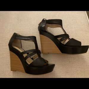 Black Leather wedges with wood like heel